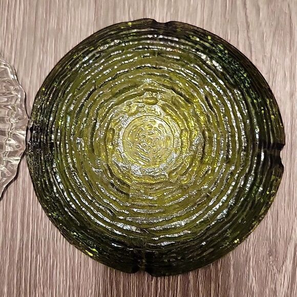 Vintage Anchor Hocking Green & Clear Heavy Glass Round Ashtrays Birds Nest MCM - Picture 4 of 5